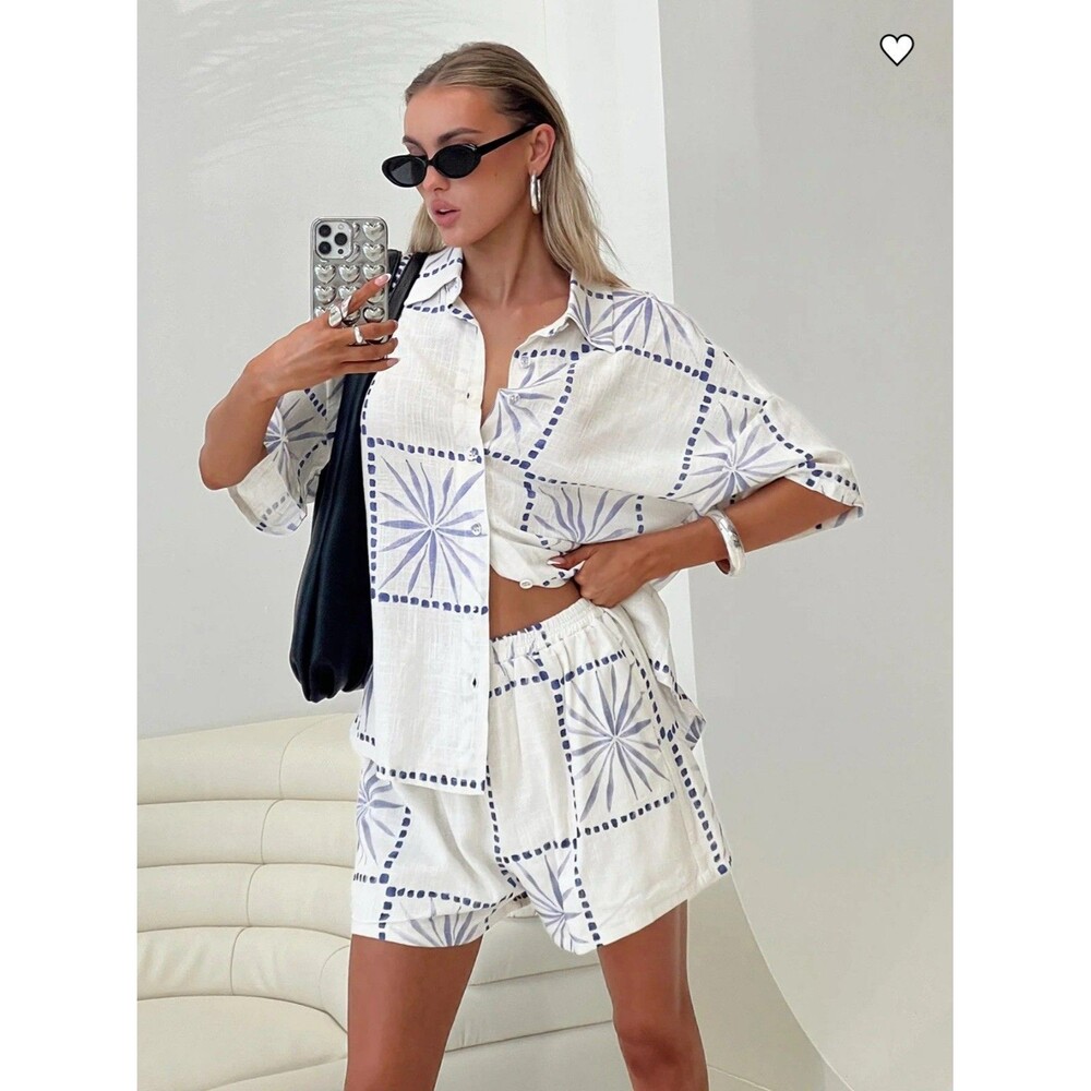 Princess Polly White Button-Down Shirt with Navy Tile Print